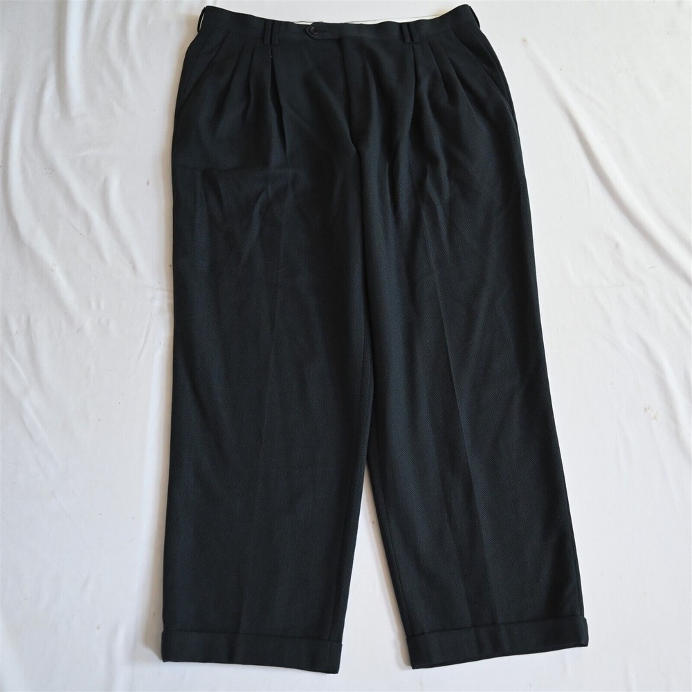 Bespoke 36x30 Blue Birdseye‎ Pleated Cuffed Wool Full Cut Old Money Dress Pants